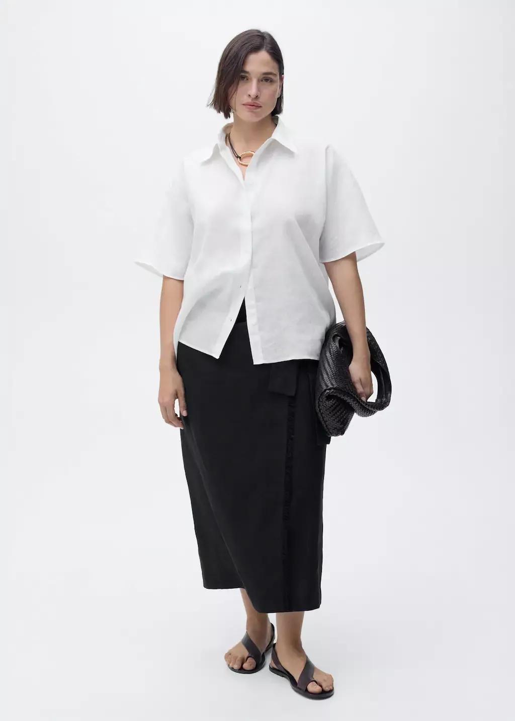 White Short Sleeve Linen-Blend Shirt, , large image number 2
