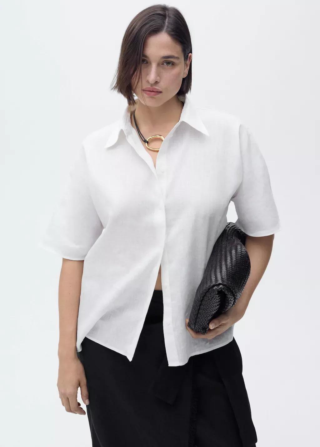 White Short Sleeve Linen-Blend Shirt, , large image number 5