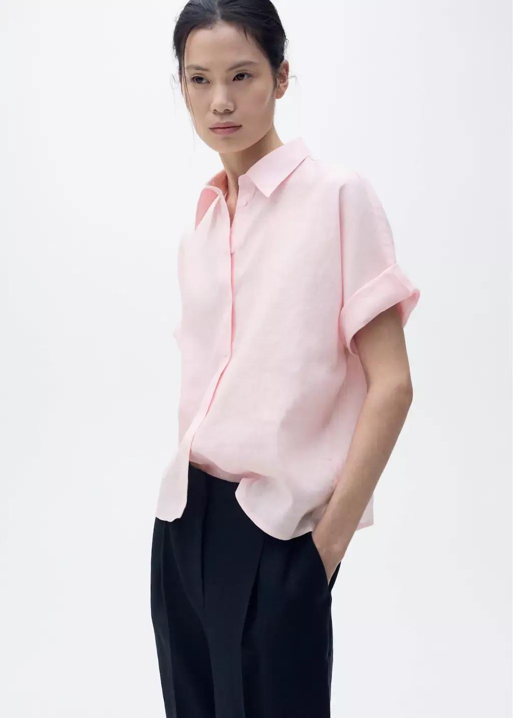 Pink Lt Pastel Short Sleeve Linen-Blend Shirt, , large image number 0