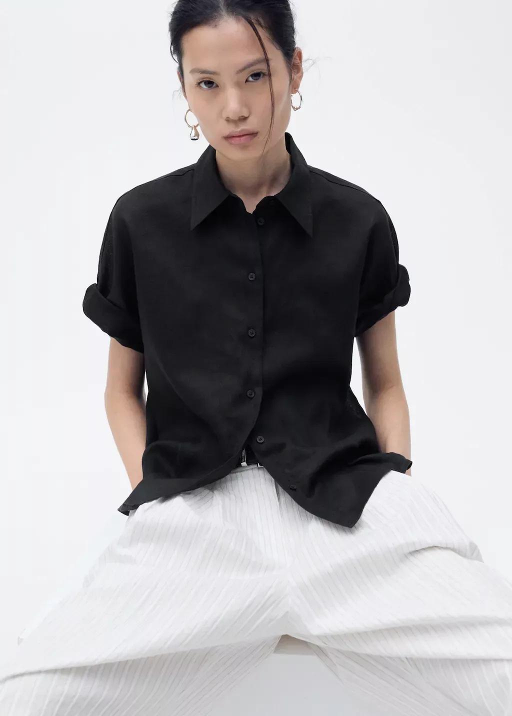 Black Short Sleeve Linen-Blend Shirt, , large image number 0