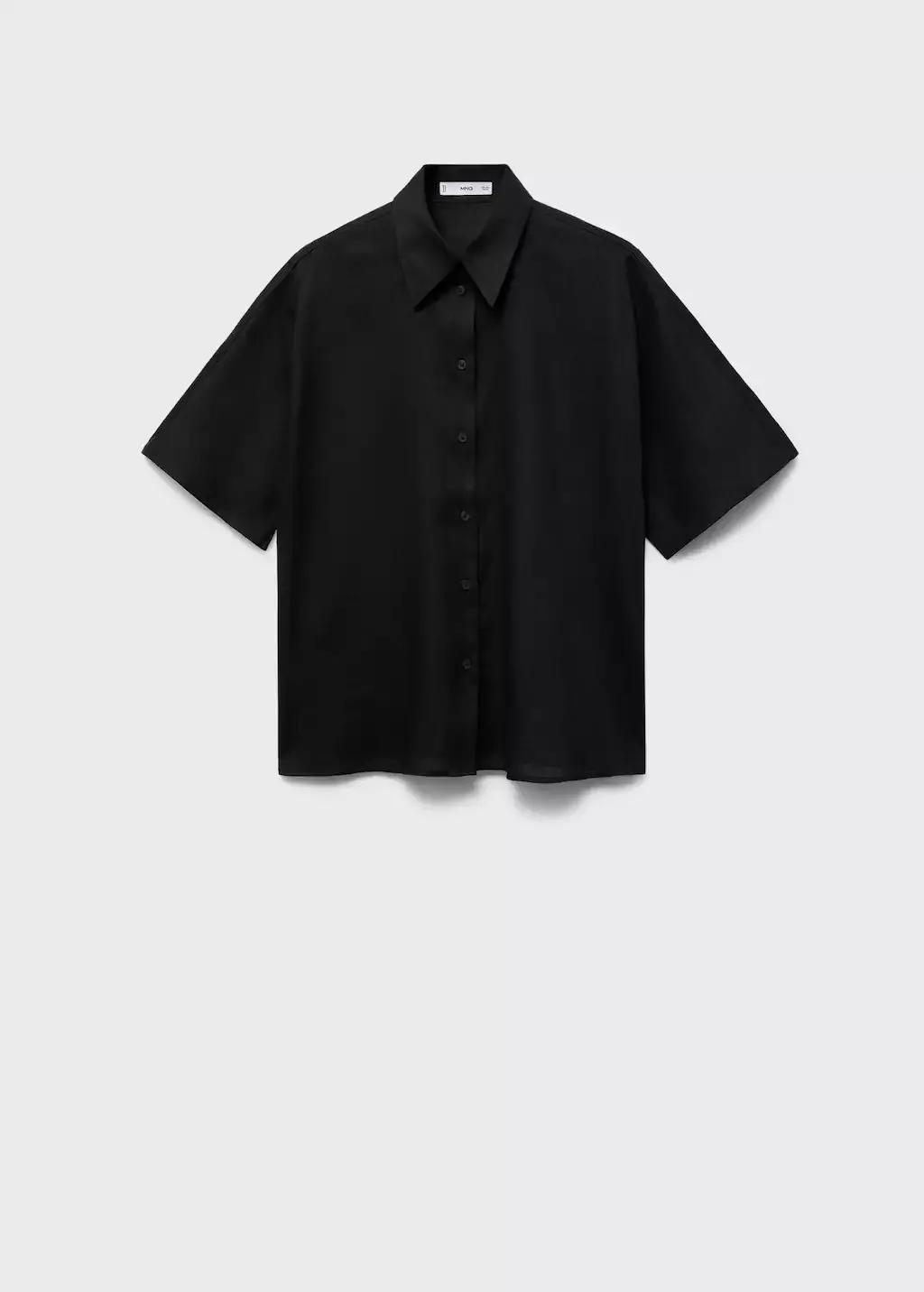 Black Short Sleeve Linen-Blend Shirt, , large image number 4