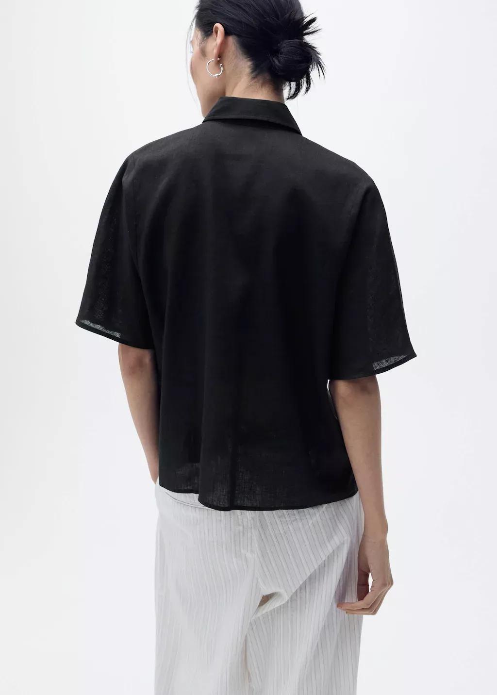 Black Short Sleeve Linen-Blend Shirt, , large image number 5