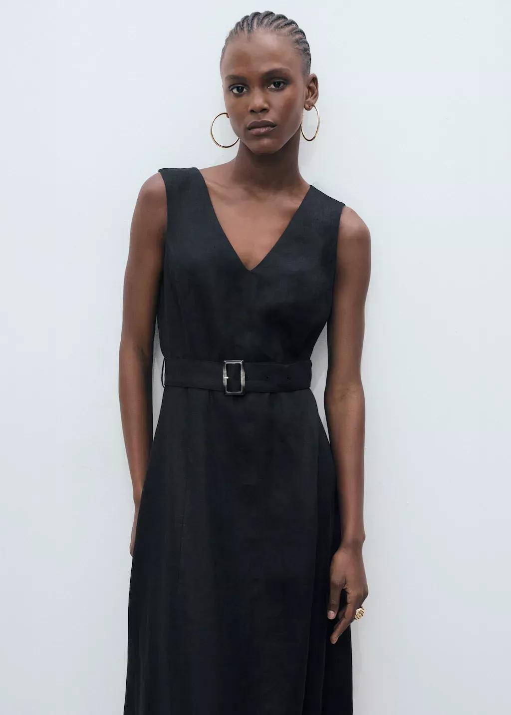 Black Flared Linen Dress With Belt, , large image number 0