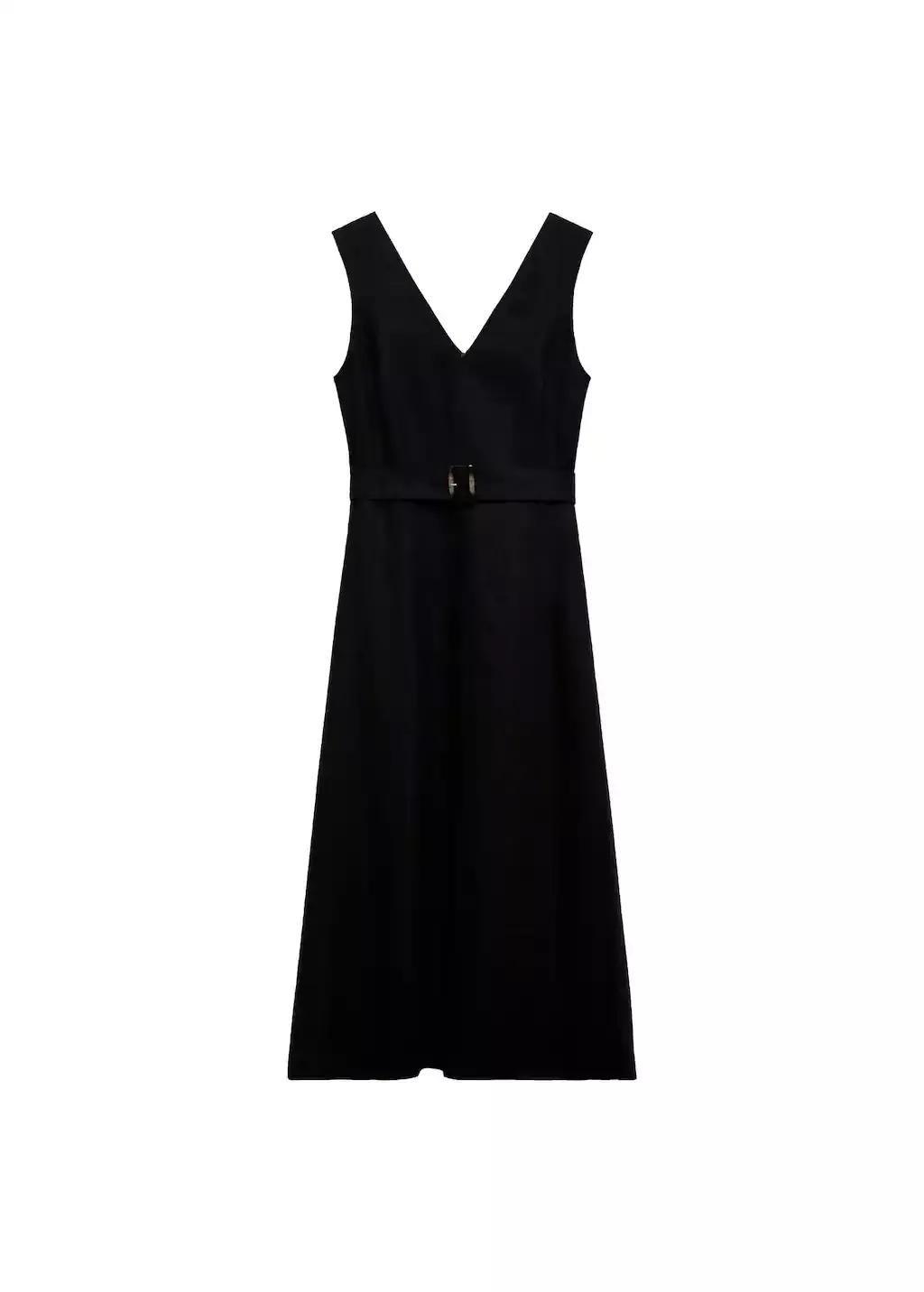 Black Flared Linen Dress With Belt, , large image number 3