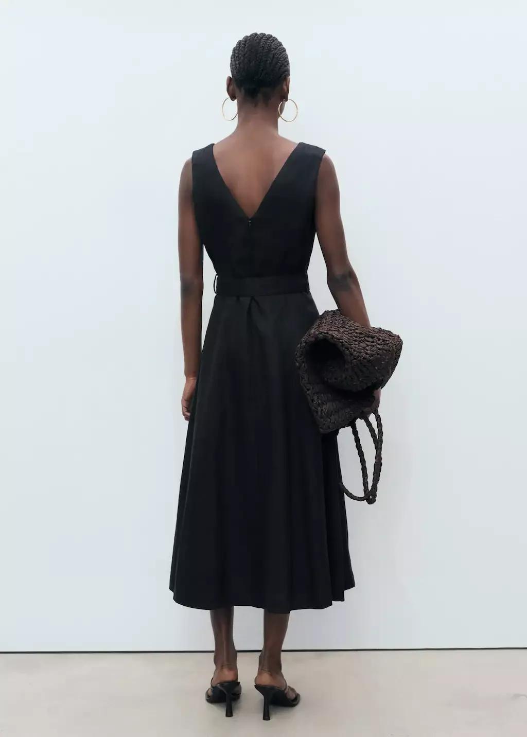 Black Flared Linen Dress With Belt, , large image number 4