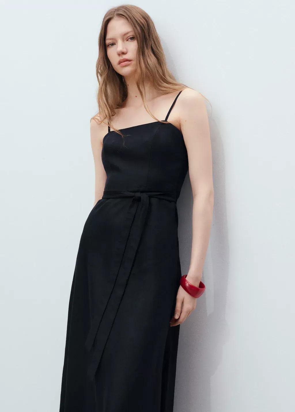 BLACK Bow linen-blend dress, Black, medium