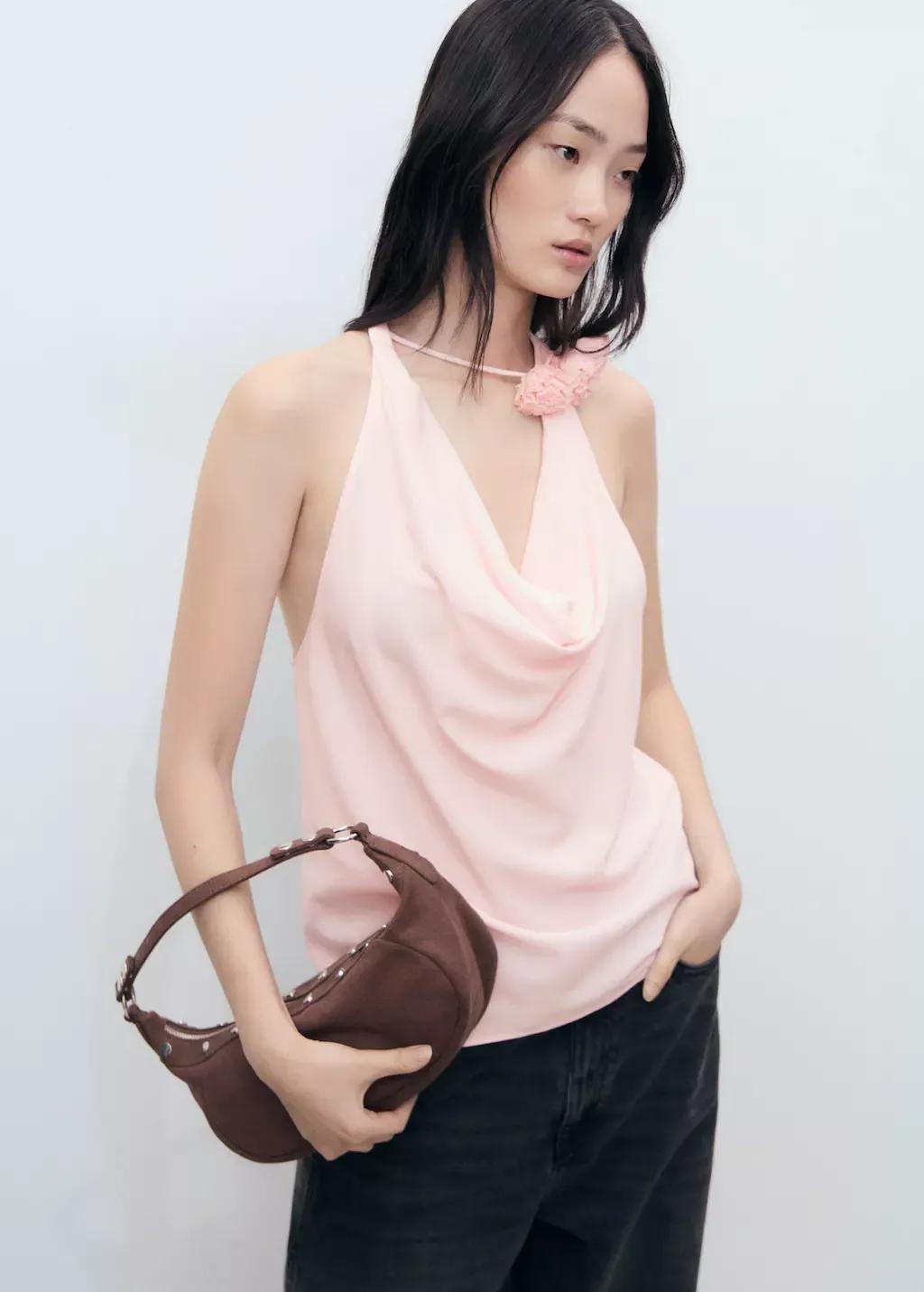 Pink Draped Blouse With Flower Detail, Light-Pastel Pink, large image number 0