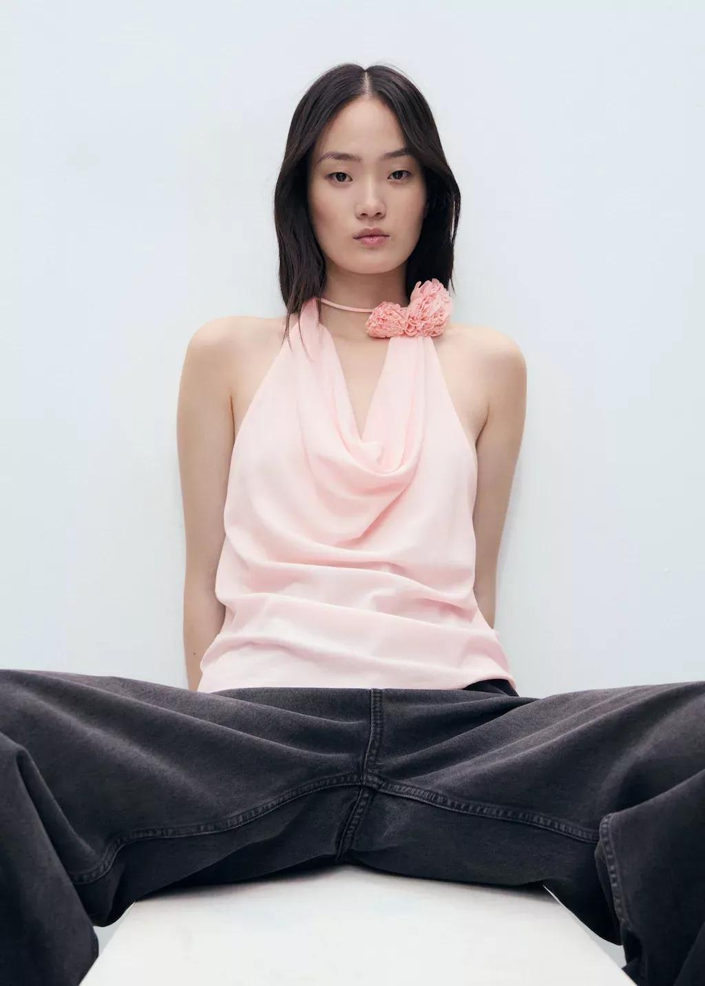 Pink Draped Blouse With Flower Detail, Light-Pastel Pink, large image number 2