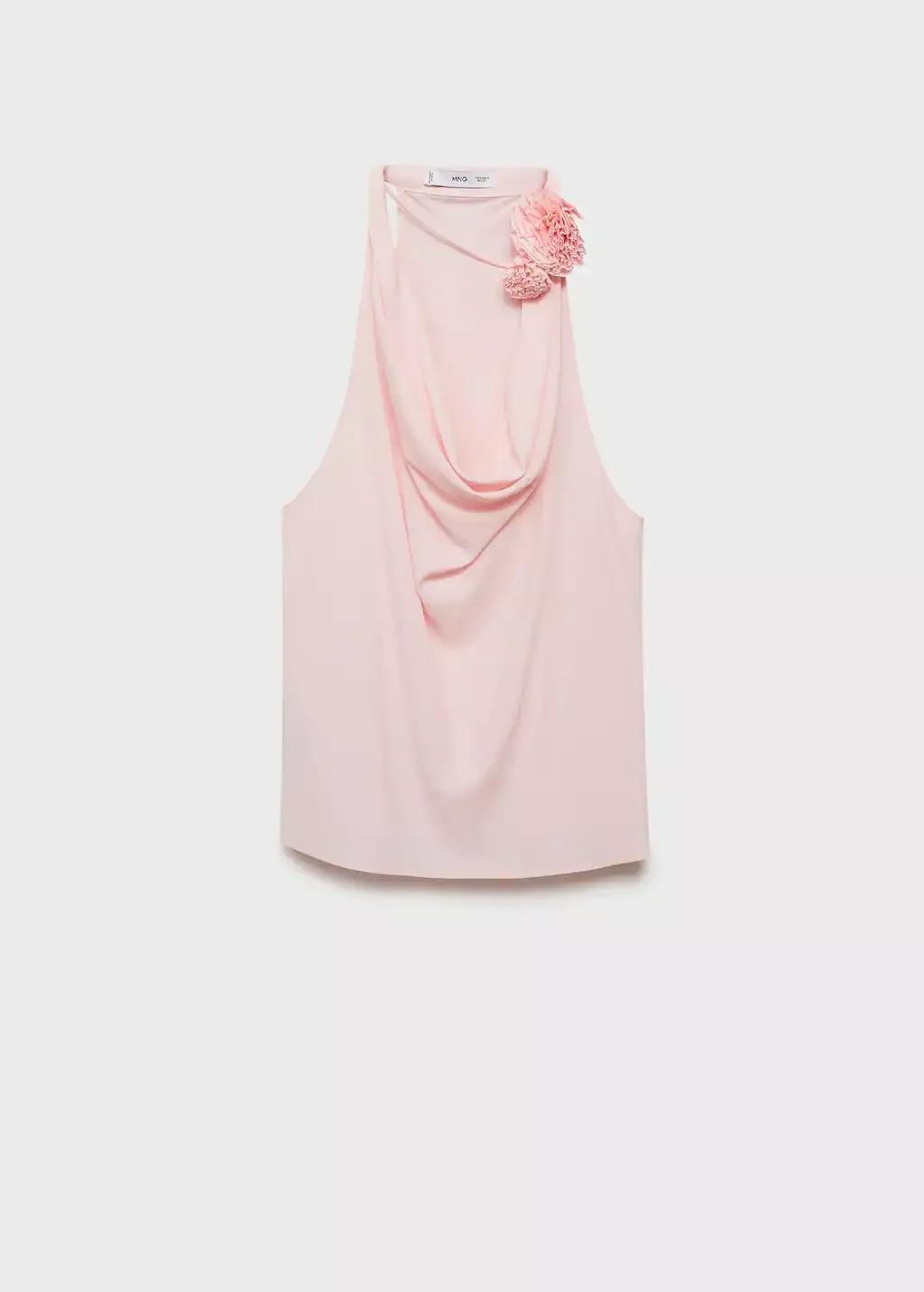 Pink Draped Blouse With Flower Detail, Light-Pastel Pink, large image number 3