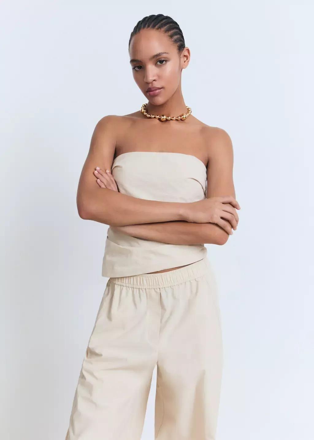 Beige Asymmetrical Strapless Top, , large image number 0