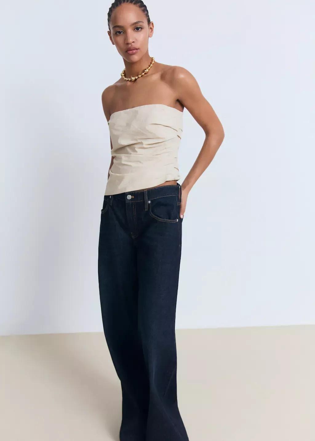 Beige Asymmetrical Strapless Top, , large image number 1
