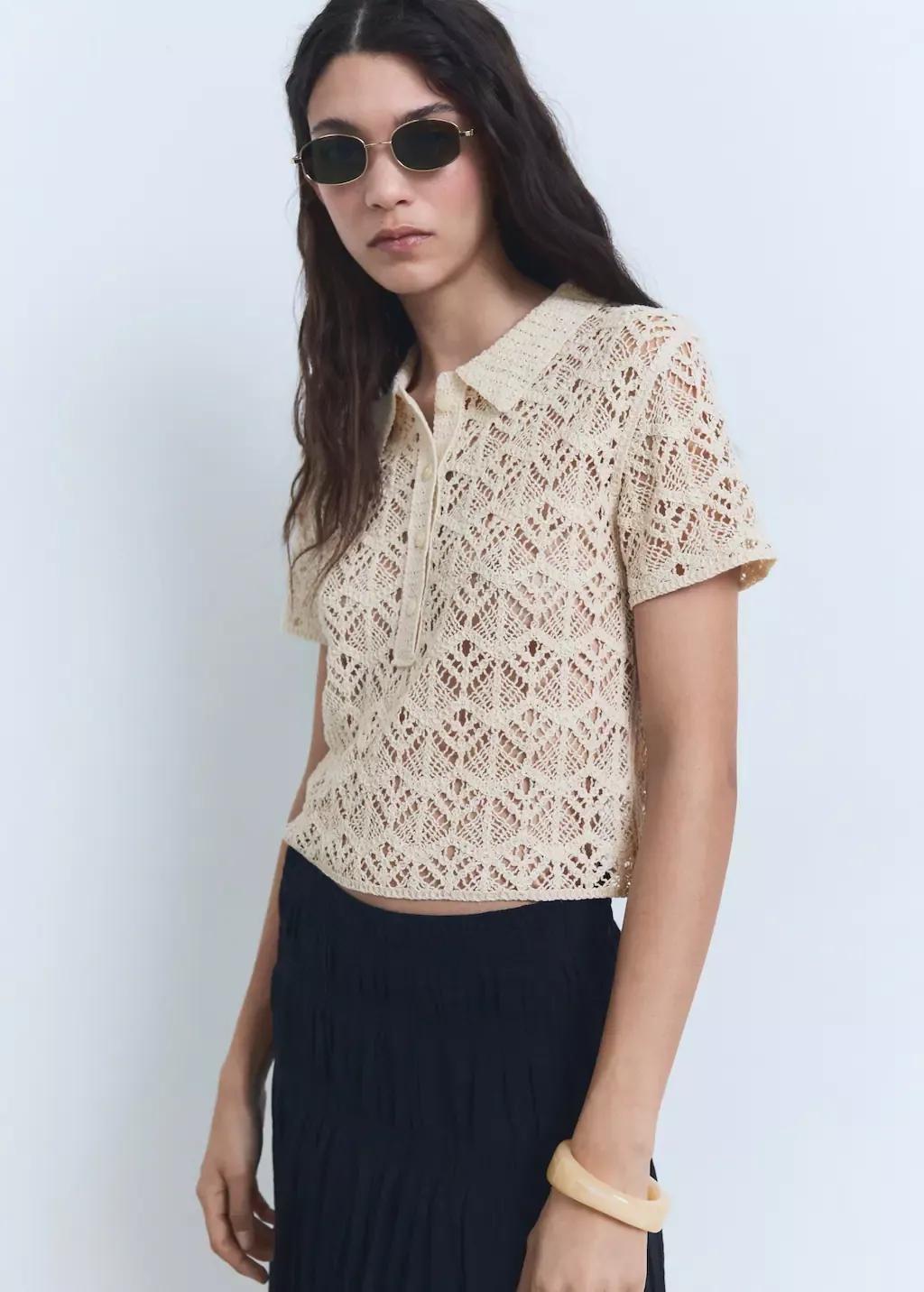 LIGHT BEIGE Short-sleeved crochet sweater, , large image number 0