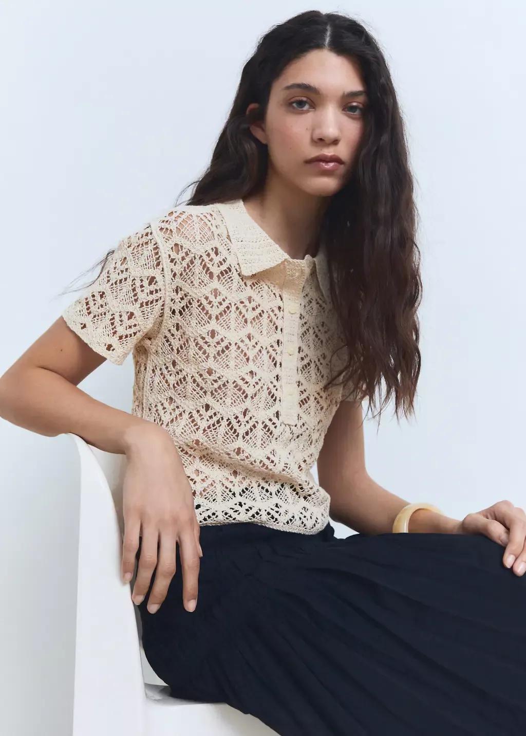 LIGHT BEIGE Short-sleeved crochet sweater, , large image number 2