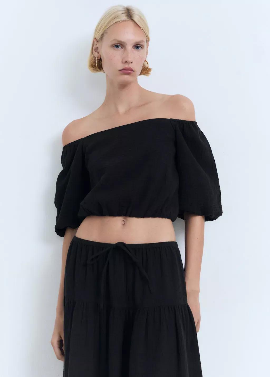 Black Puffy Strapless Blouse, , large image number 0