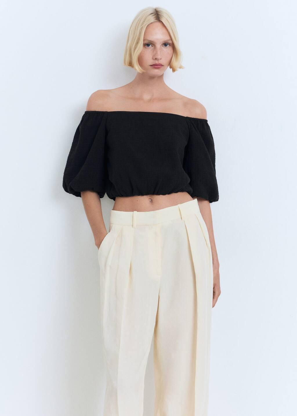 Black Puffy Strapless Blouse, , large image number 2