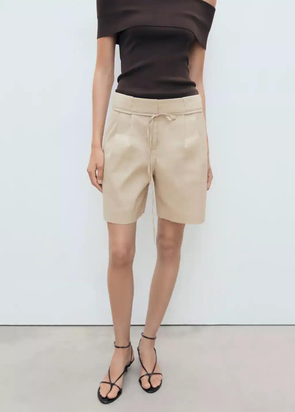 LIGHT BEIGE Linen shorts with bow and belt, 0201_08, medium