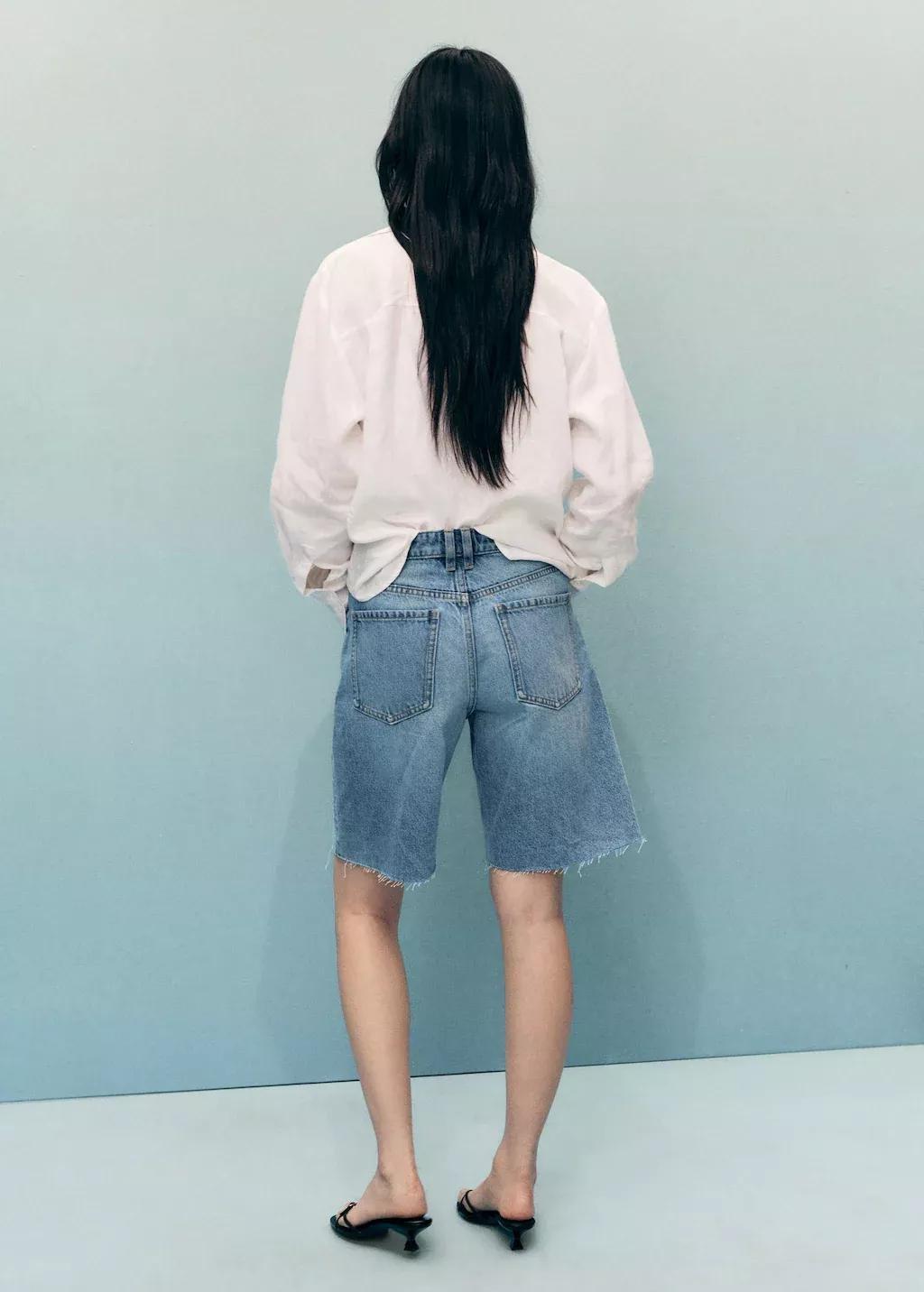 Blue Frayed Hem Denim Shorts, , large image number 5