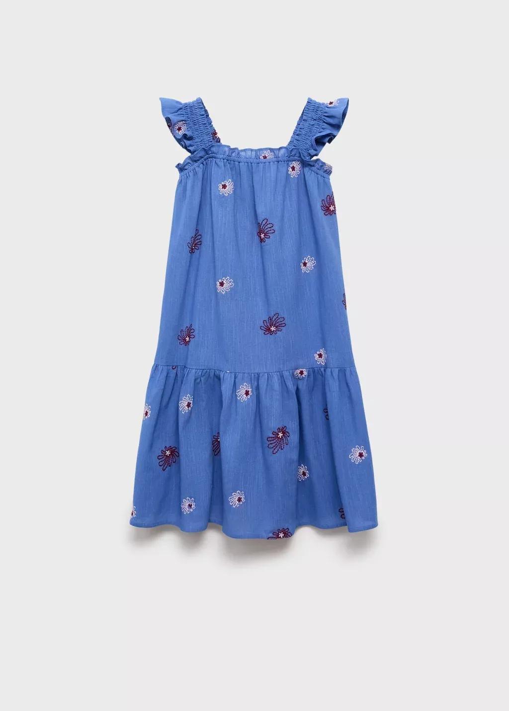 Blue Floral Embroidery Dress, Kids Girls, , medium