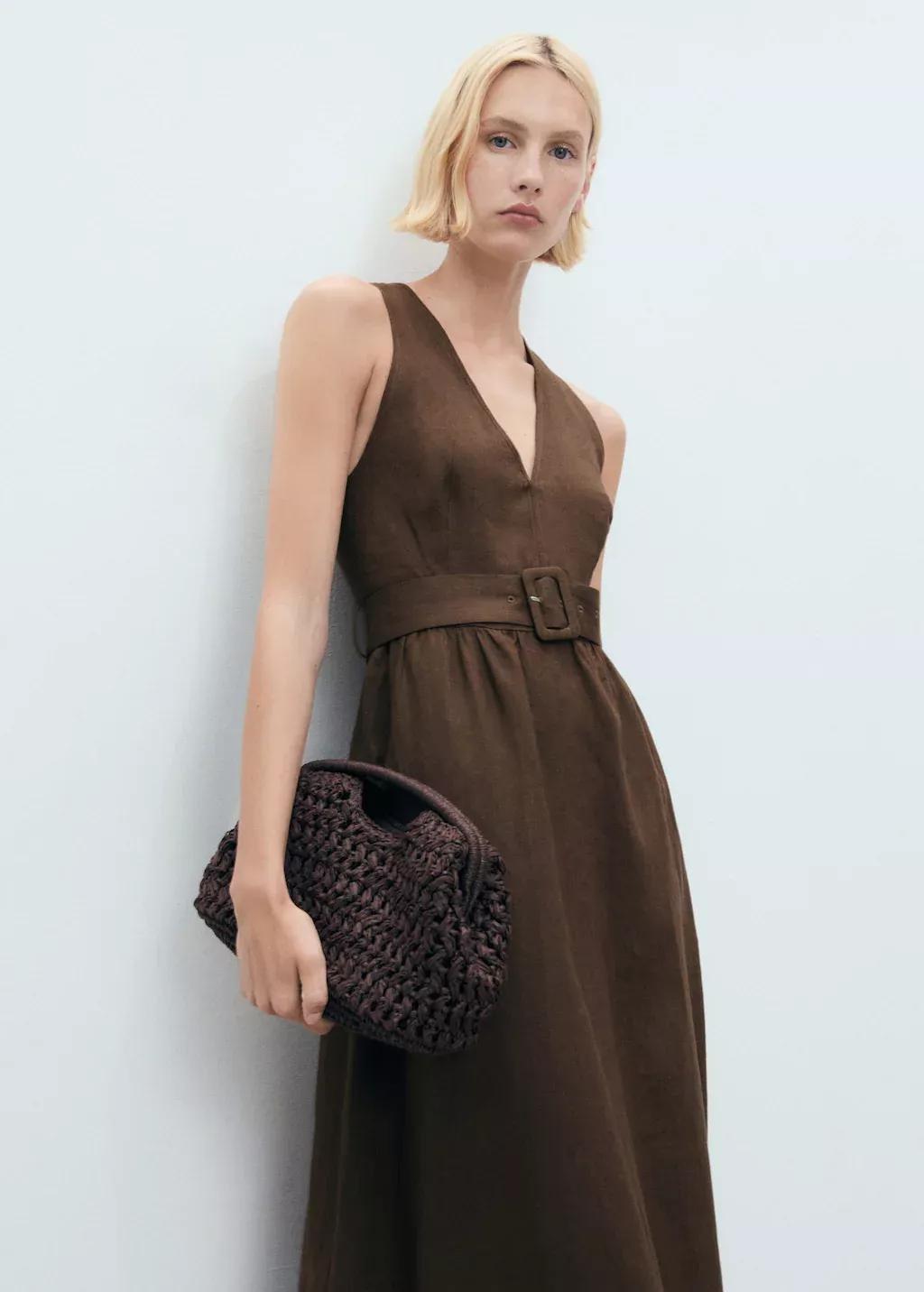 Brown Belt Linen Dress, , large image number 0