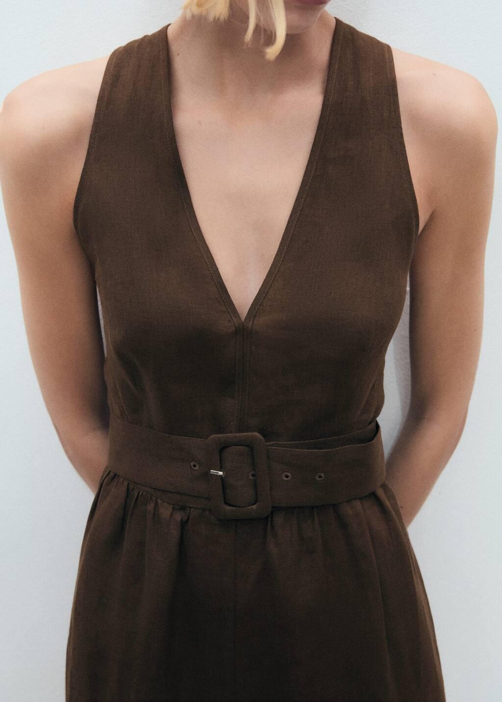 Brown Belt Linen Dress, , large image number 2