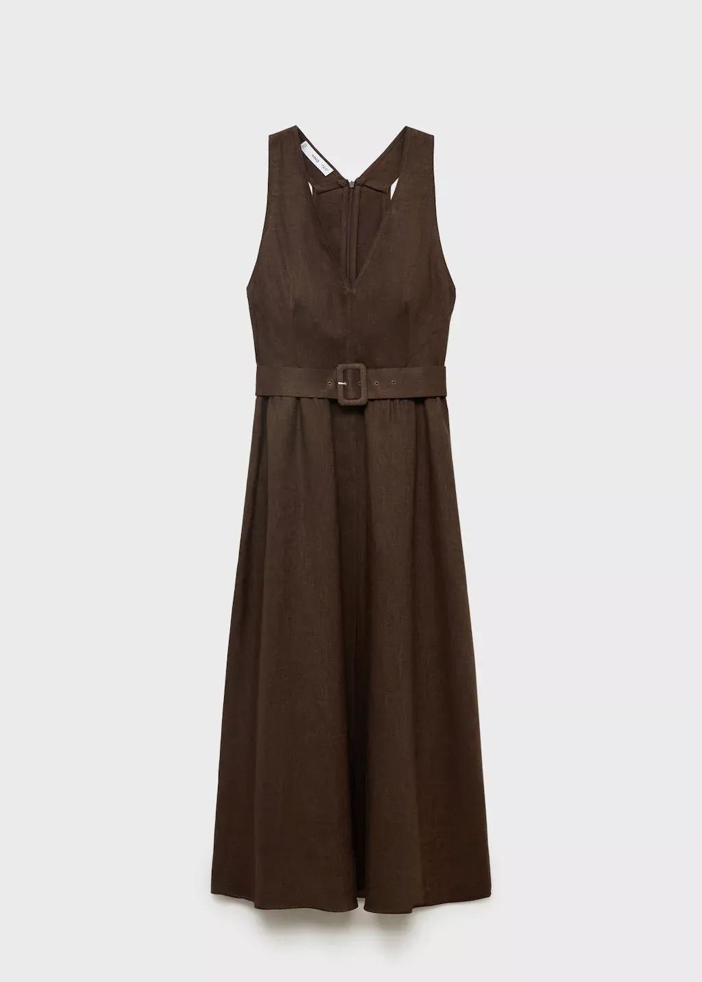 Brown Belt Linen Dress, , large image number 3