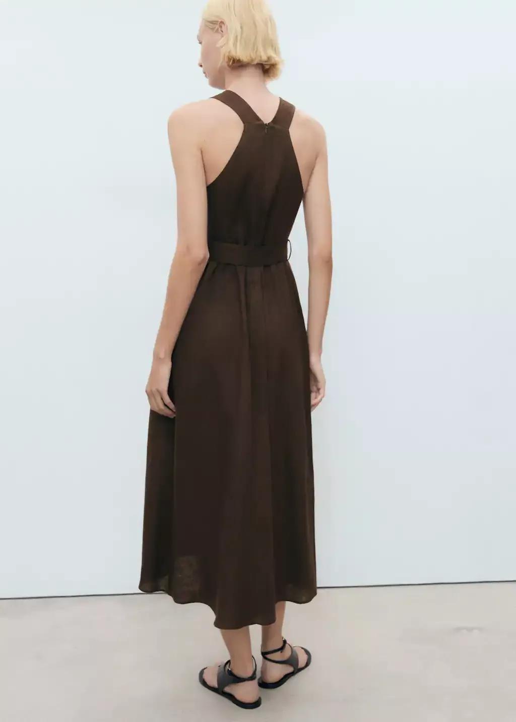 Brown Belt Linen Dress, , large image number 5