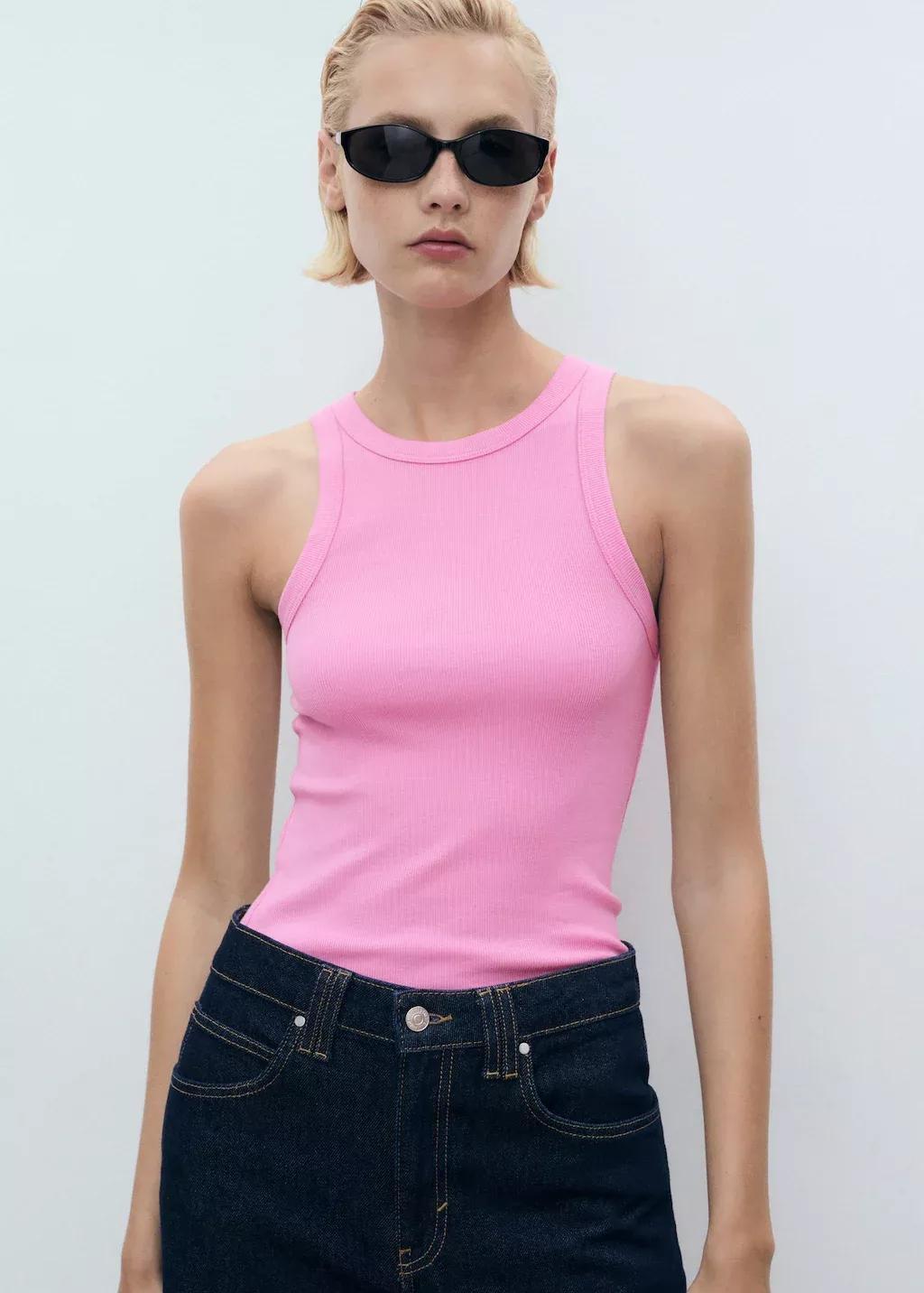 Pink Ribbed Cotton-Blend Top, Light-Pastel Pink, medium