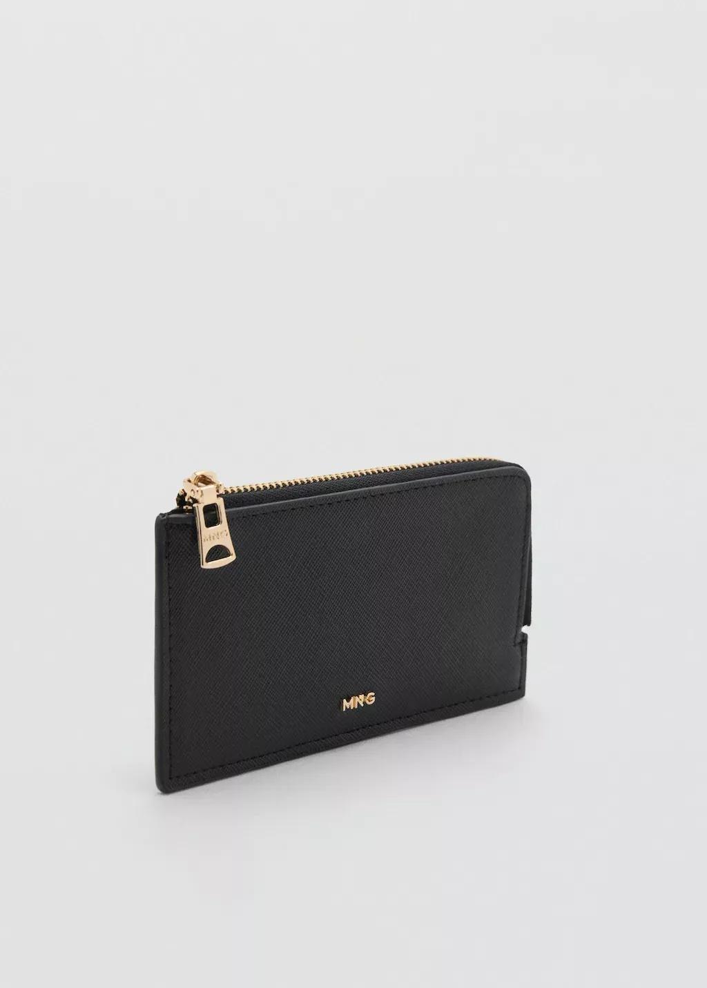 Black Saffiano-Effect Card Holder With Zip, , medium