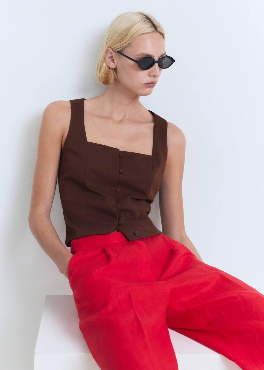 DARK BROWN Buttons cotton top, Dark Brown, medium