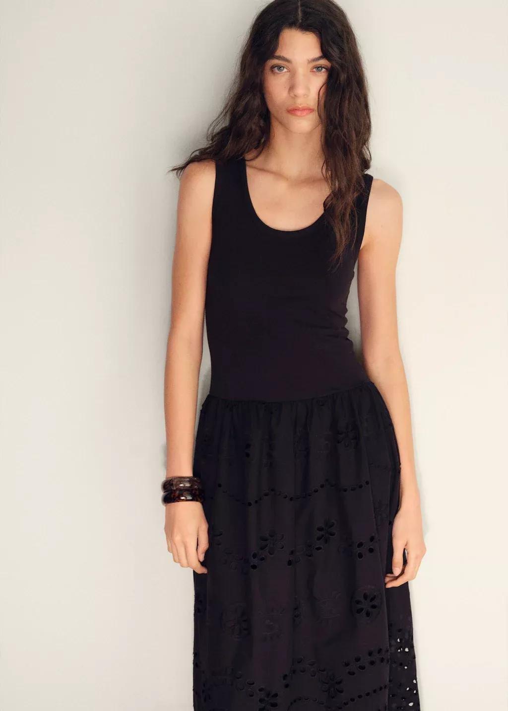 Black Cotton Dress With Openwork Embroidery, , large image number 0