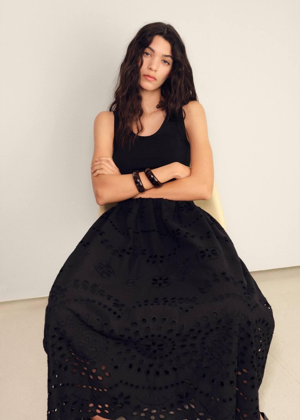 Black Cotton Dress With Openwork Embroidery, , large image number 1
