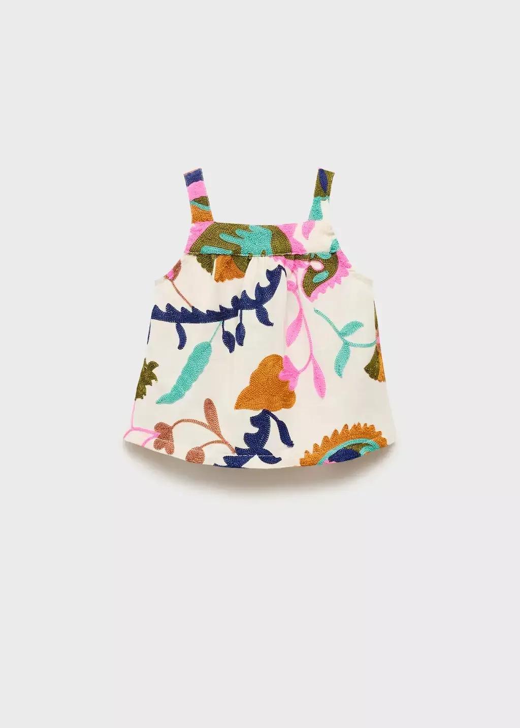 Cream Embroidered Linen Blouse, Kids Girls, , medium
