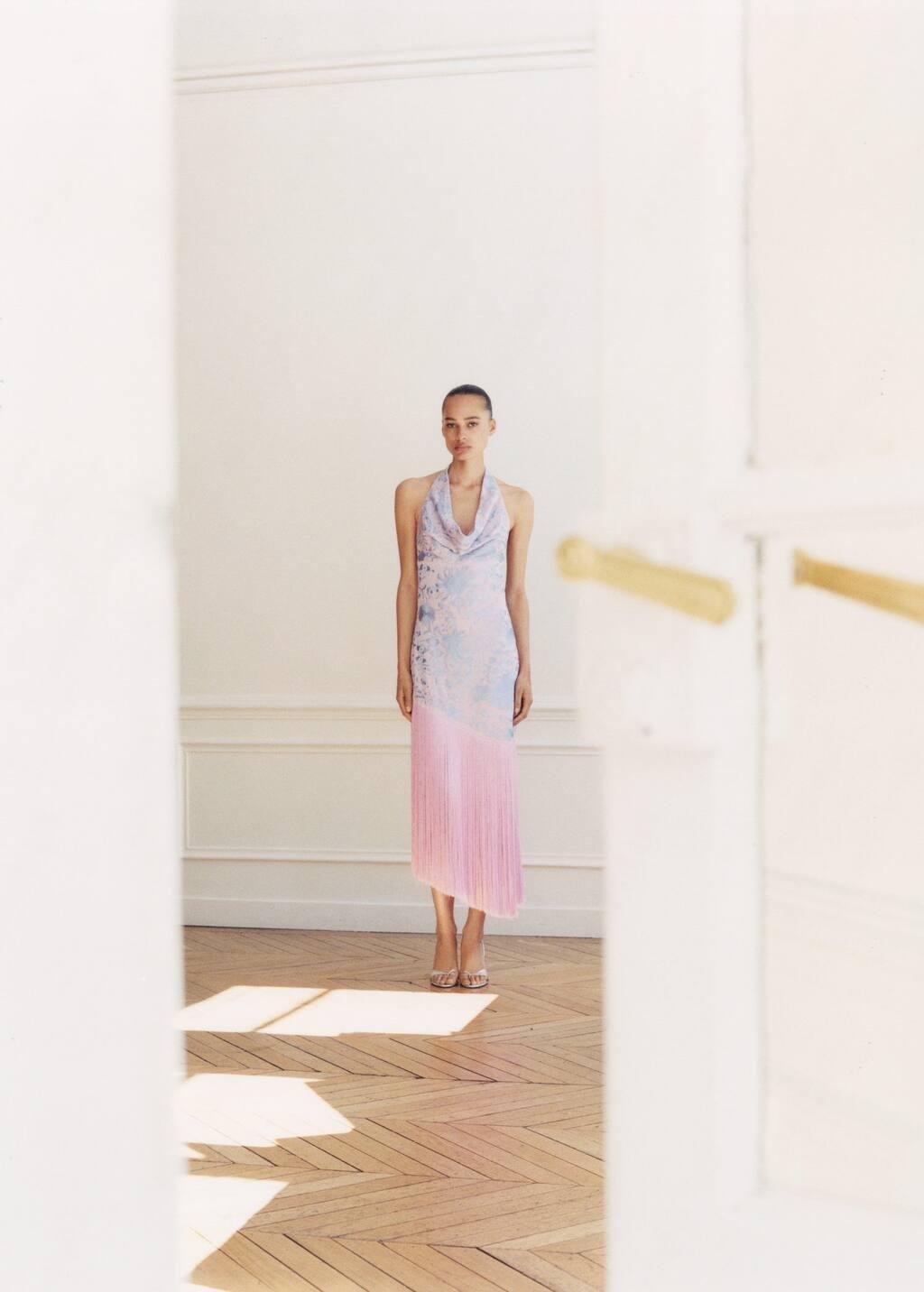 Pink Asymmetrical Dress With Embroidered Fringes, , large image number 2