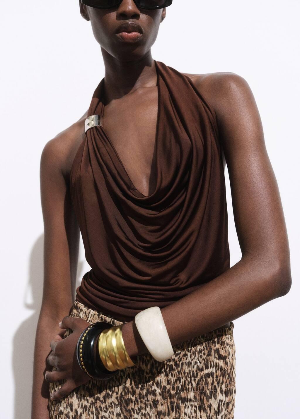 Brown Draped Top With Metallic Detail, , large image number 1