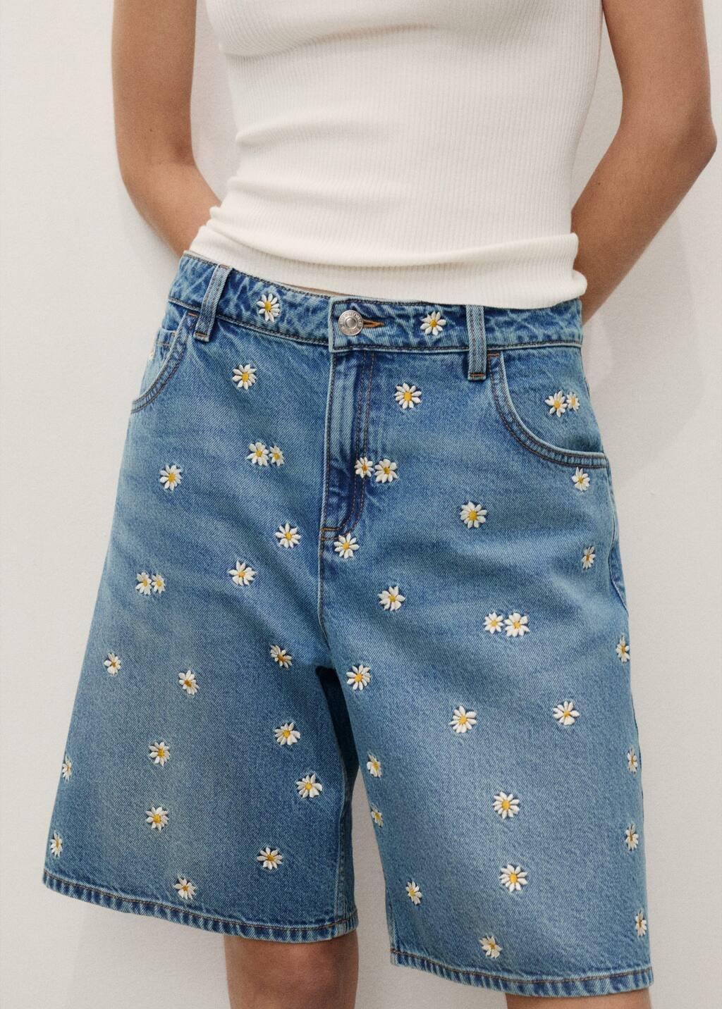 Blue Floral-Embroidered Denim Bermuda Shorts, , large image number 1