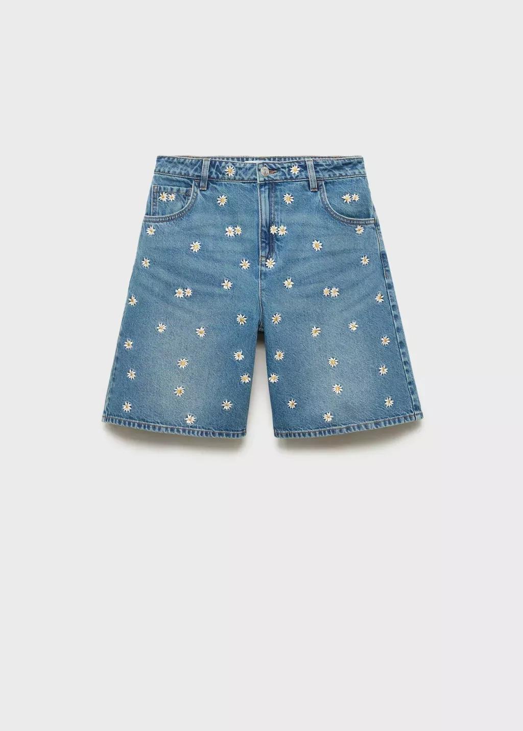 Blue Floral-Embroidered Denim Bermuda Shorts, , large image number 3