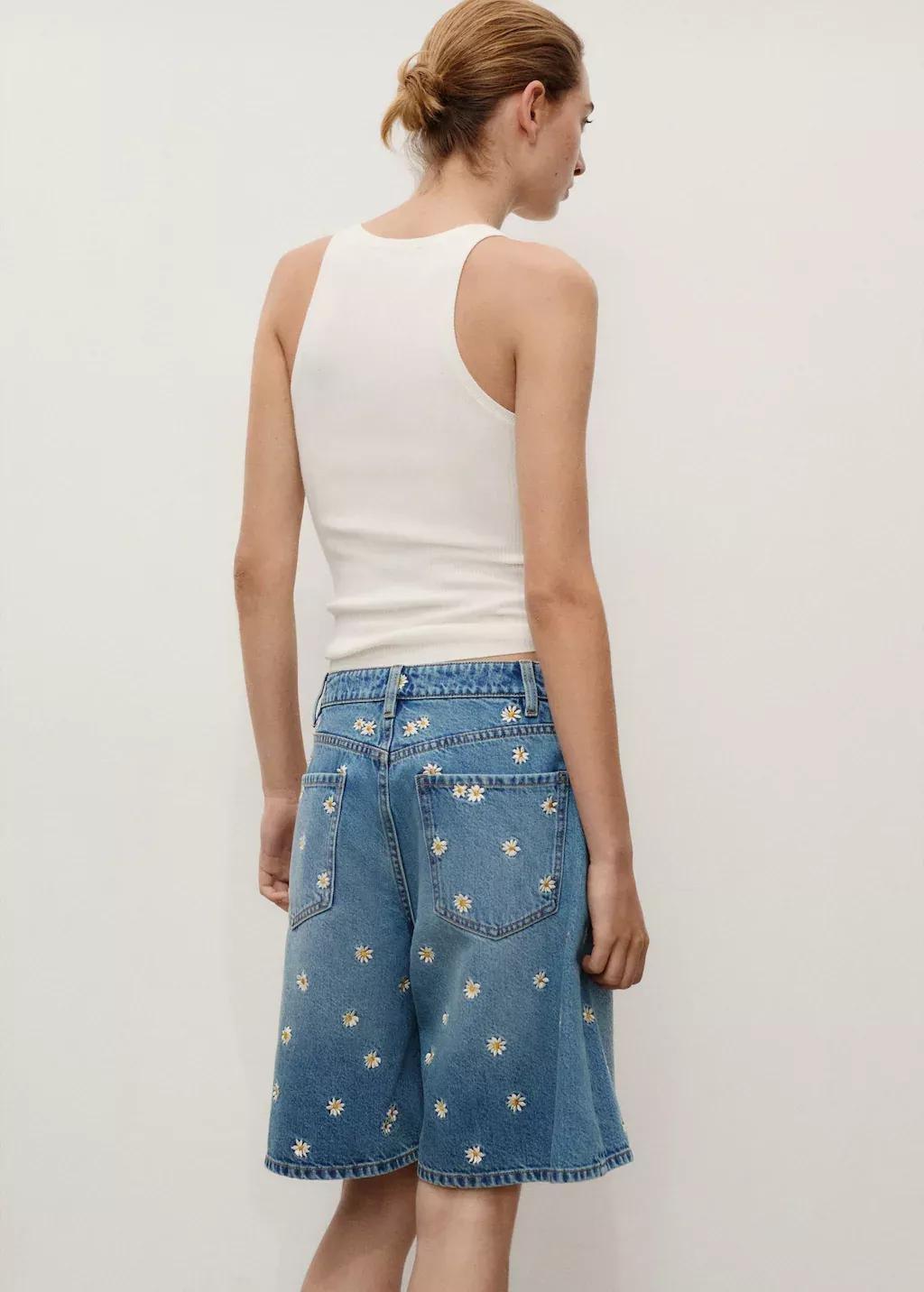 Blue Floral-Embroidered Denim Bermuda Shorts, , large image number 4