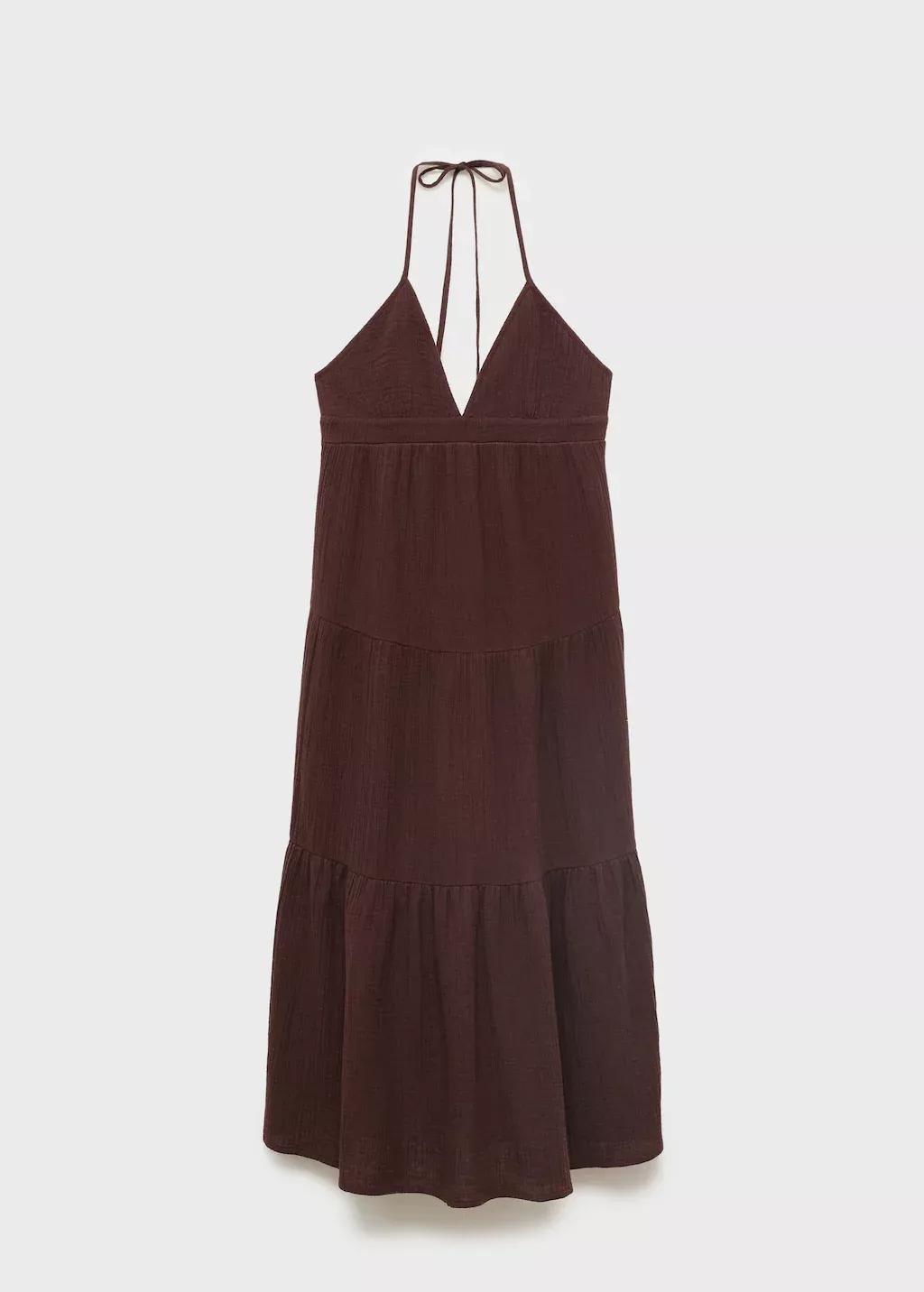 Brown V-Neck Cotton Dress, , large image number 0