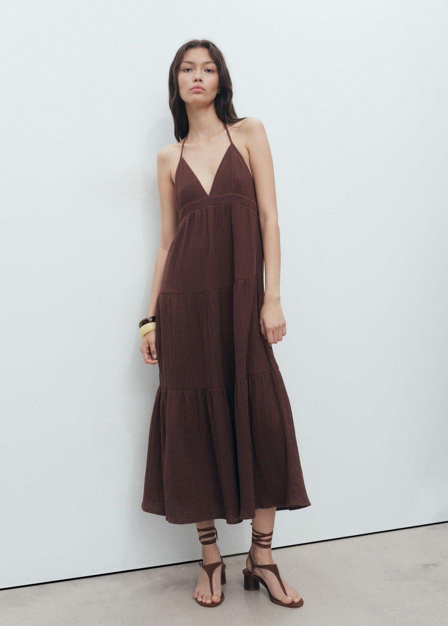 Brown V-Neck Cotton Dress, Dark Brown, medium