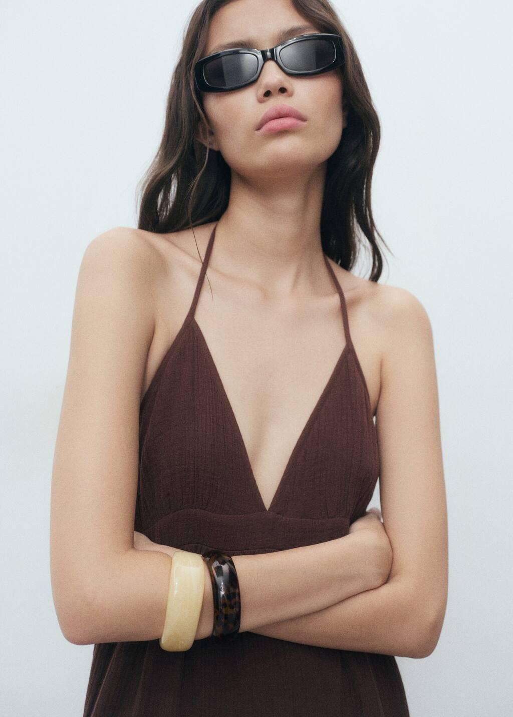 Brown V-Neck Cotton Dress, Dark Brown, large image number 3