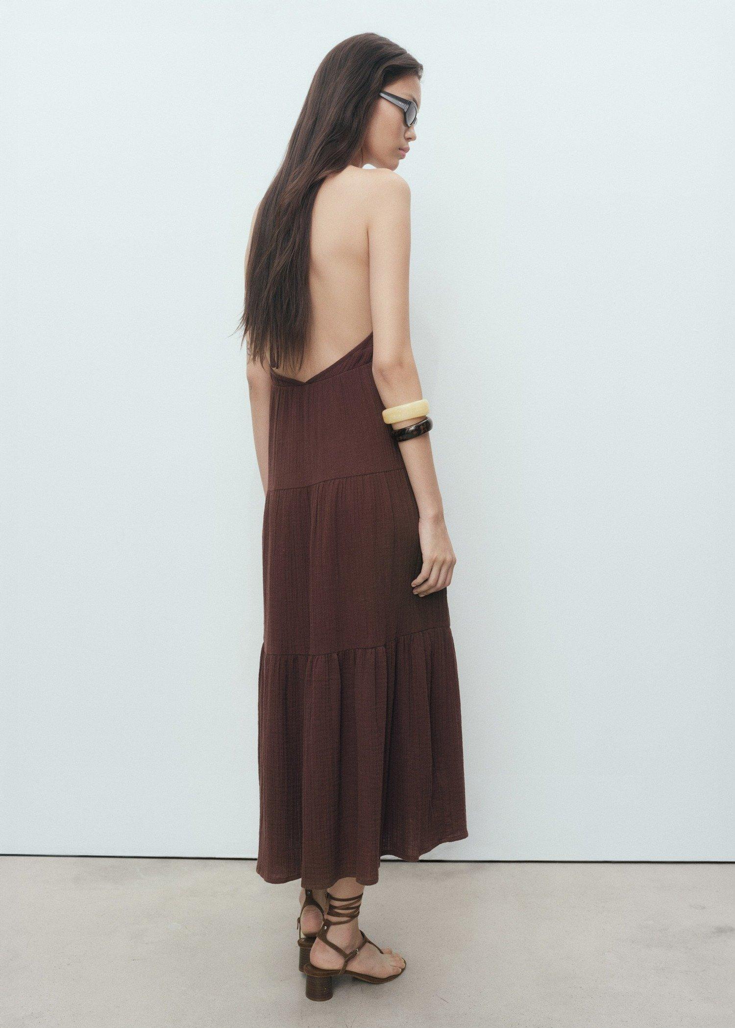 Brown V-Neck Cotton Dress, Dark Brown, large image number 4