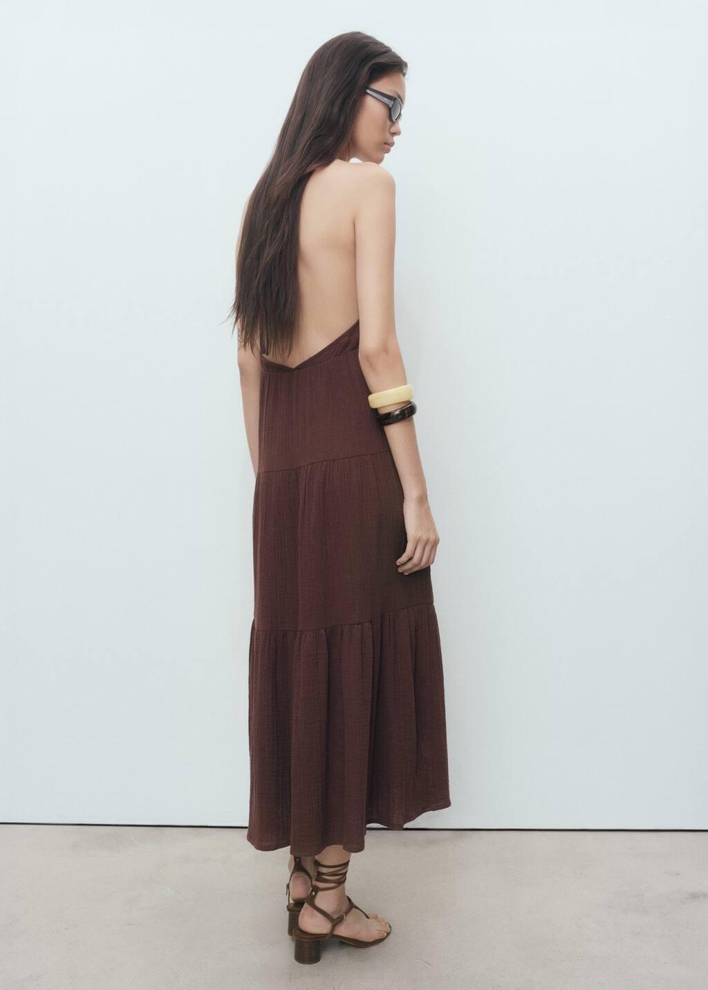 Brown V-Neck Cotton Dress, Dark Brown, large image number 7