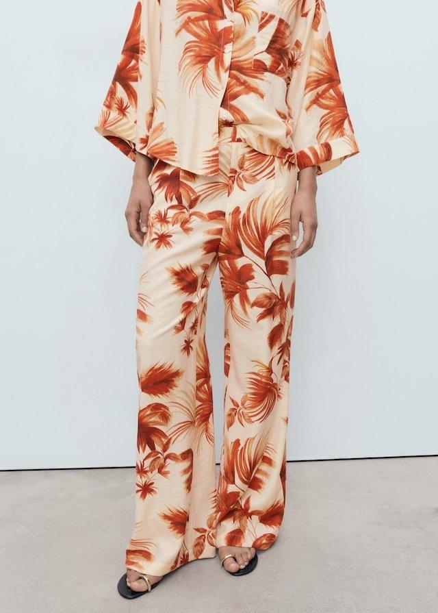 White Flowing Palm-Tree Print Trousers, Natural White, large image number 0