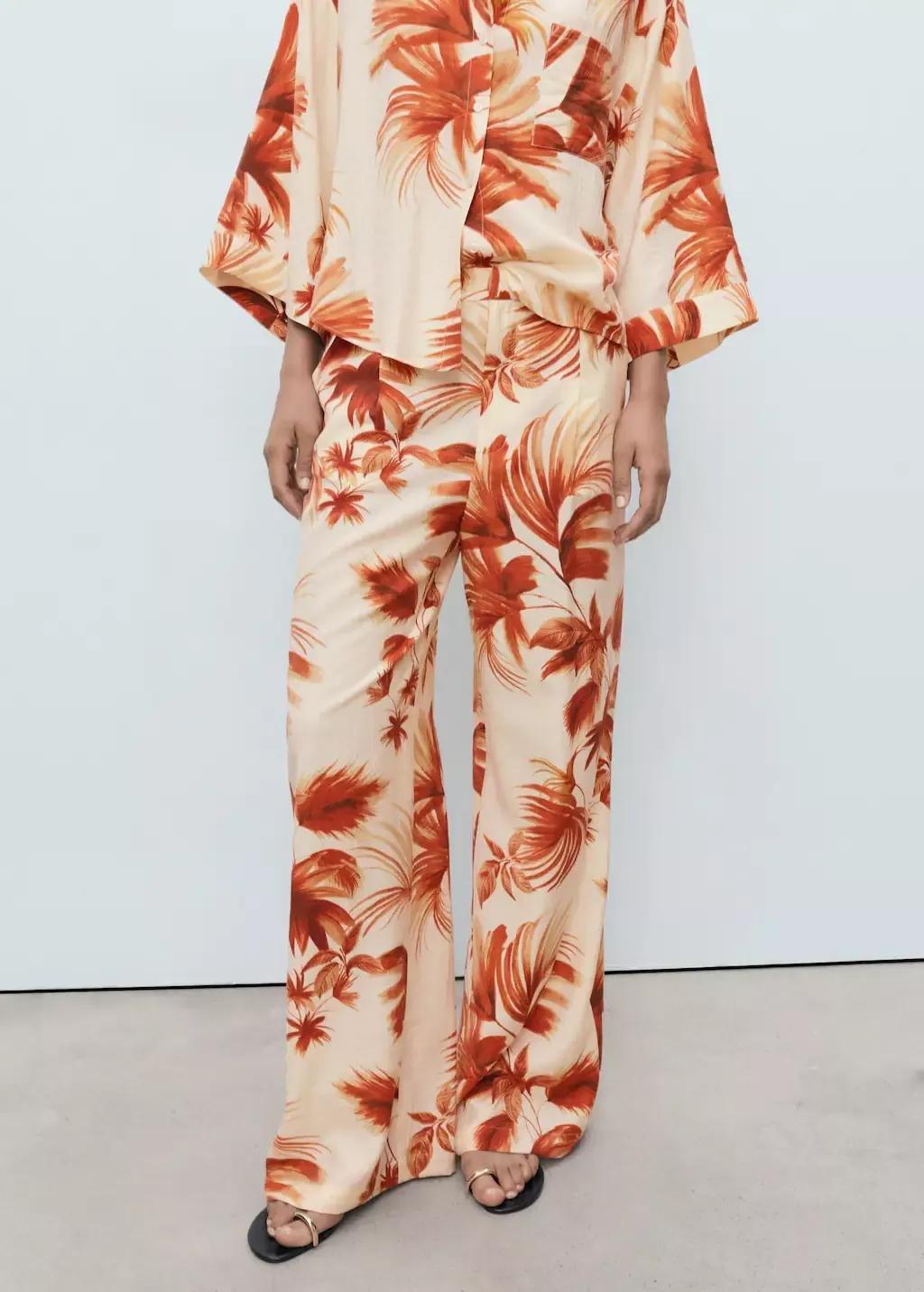 White Flowing Palm-Tree Print Trousers, Natural White, large image number 1