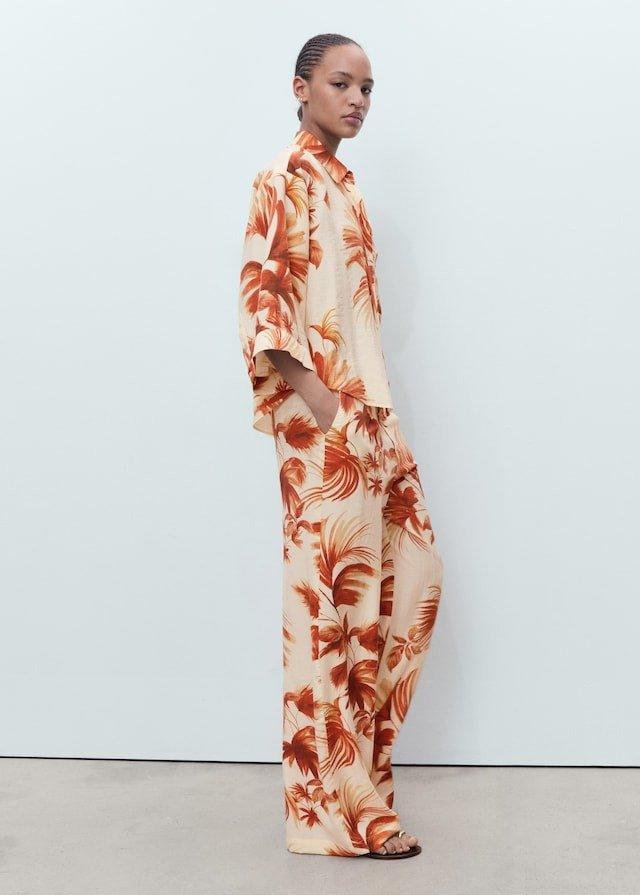 White Flowing Palm-Tree Print Trousers, Natural White, large image number 2