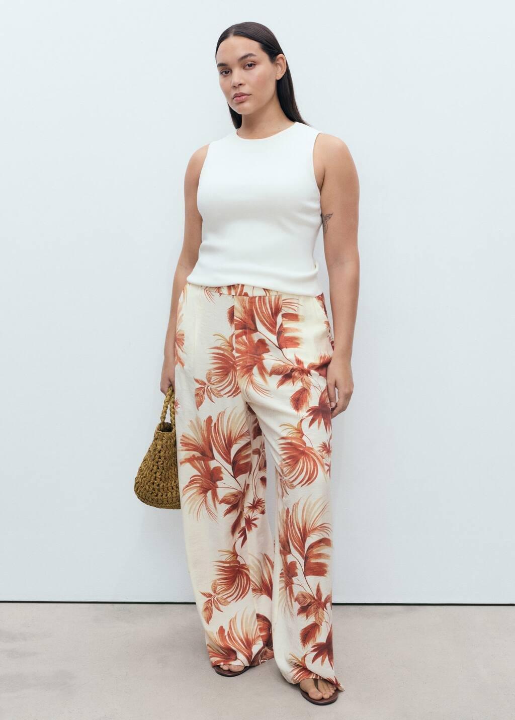 White Flowing Palm-Tree Print Trousers, Natural White, large image number 5