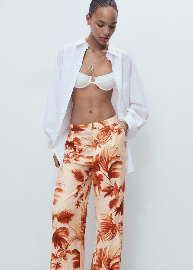 White Flowing Palm-Tree Print Trousers, Natural White, large image number 6