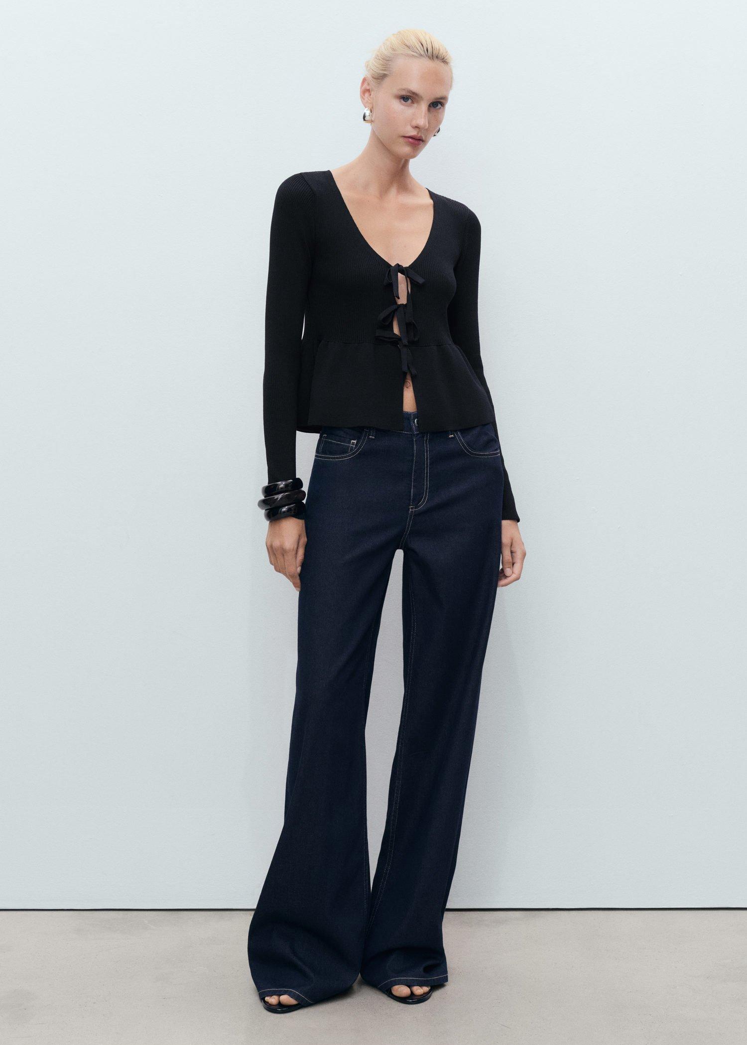 Black Knitted Cardigan With Ties, Black, medium