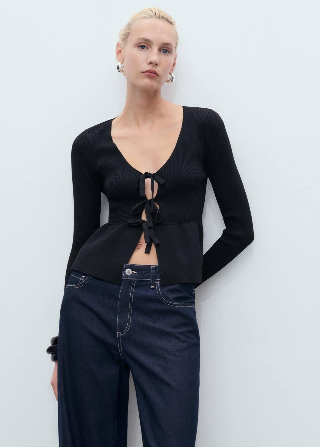 Black Knitted Cardigan With Ties, Black, medium