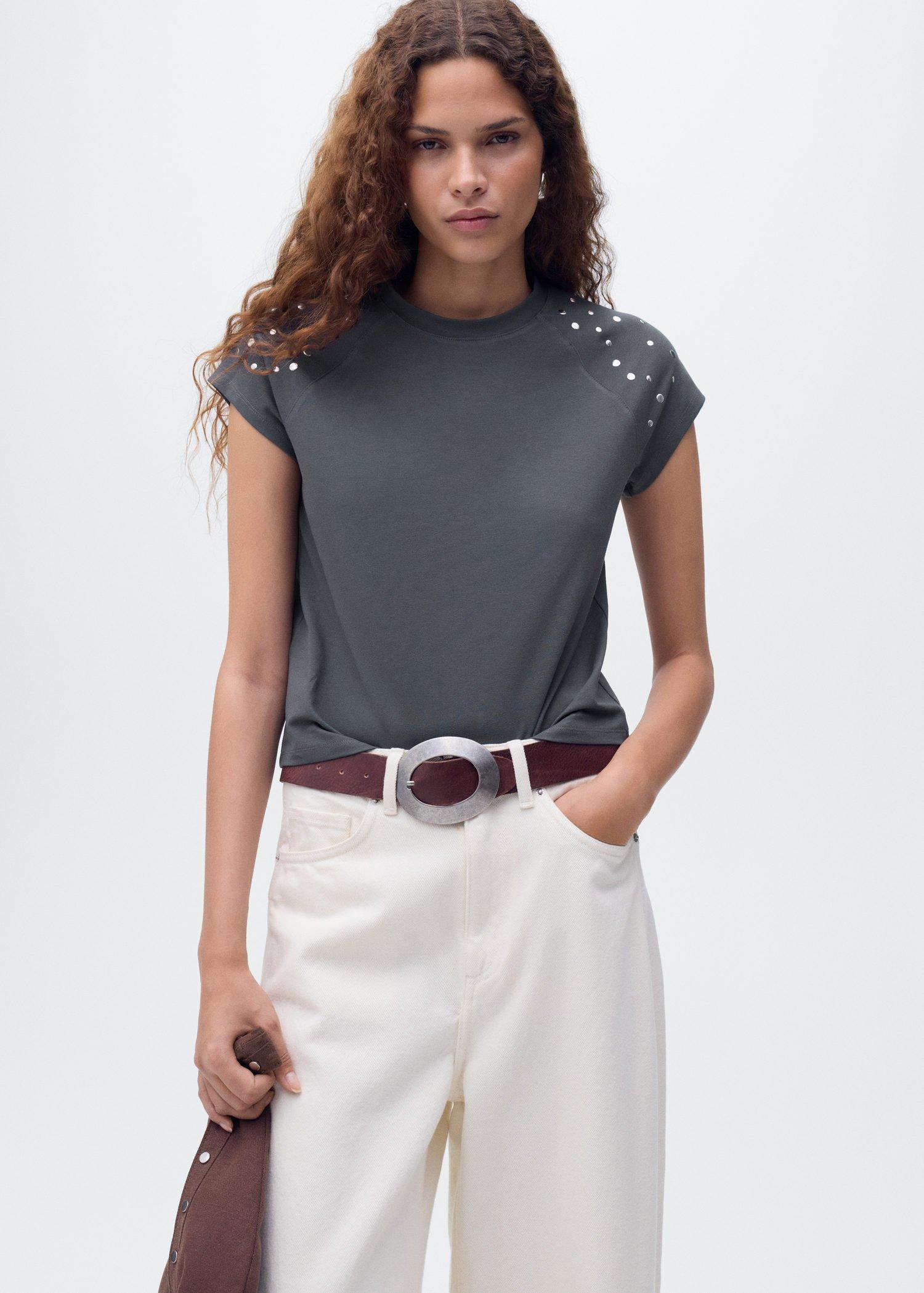 Grey Cotton T-Shirt With Studs, , large image number 2